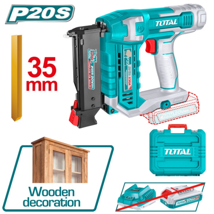TOTAL INDUSTRIAL akkumulátoros szögbelövő pisztoly, 20 V, 10 - 35 mm, akkumulátor nélkül