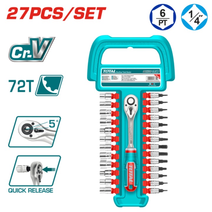 Set de chei tubulare si clichet TOTAL INDUSTRIAL, 1/4", 27 bucati