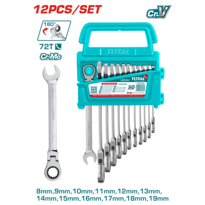 Set de chei cu clichet flexibil TOTAL INDUSTRIAL, SW 8 - 19 mm, 12 buc