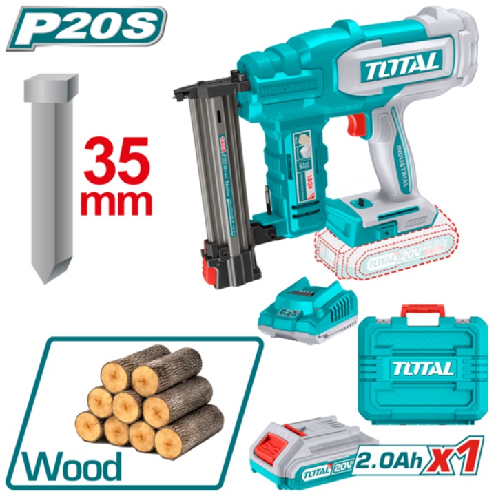 Pistol de batut cuie fara fir TOTAL INDUSTRIAL, F15 - F35, 20 V, 1 x 2 Ah