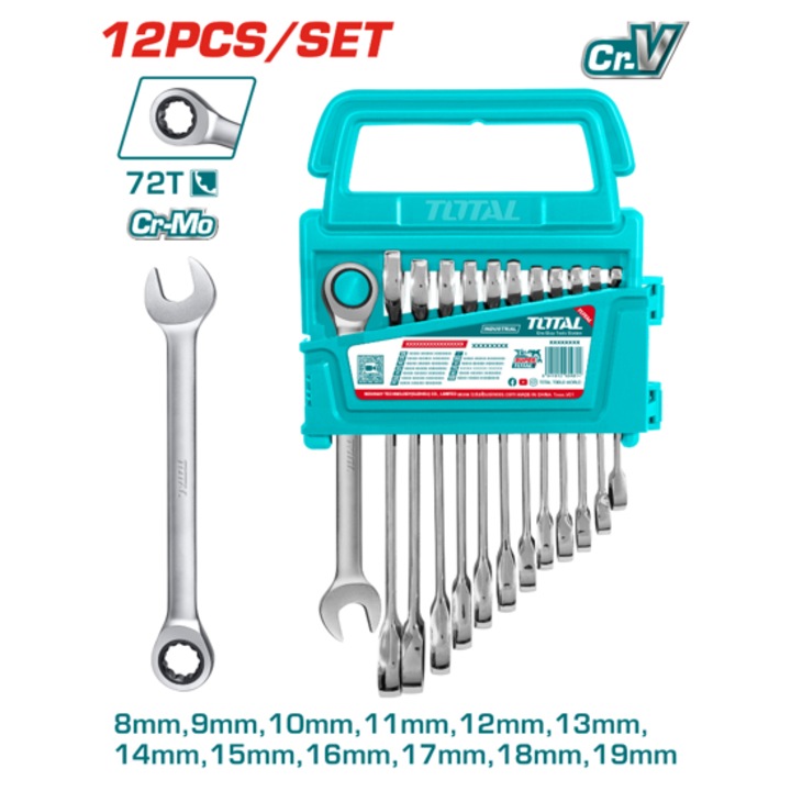 Set chei inelare cu clichet TOTAL INDUSTRIAL, 72 dinti, SW 8 - 19 mm, 12 buc