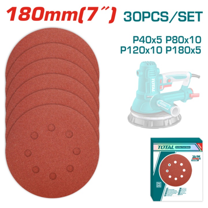 Disc fibros TOTAL, P40 - P180, 8 gauri, Ø 180 mm, 30 buc