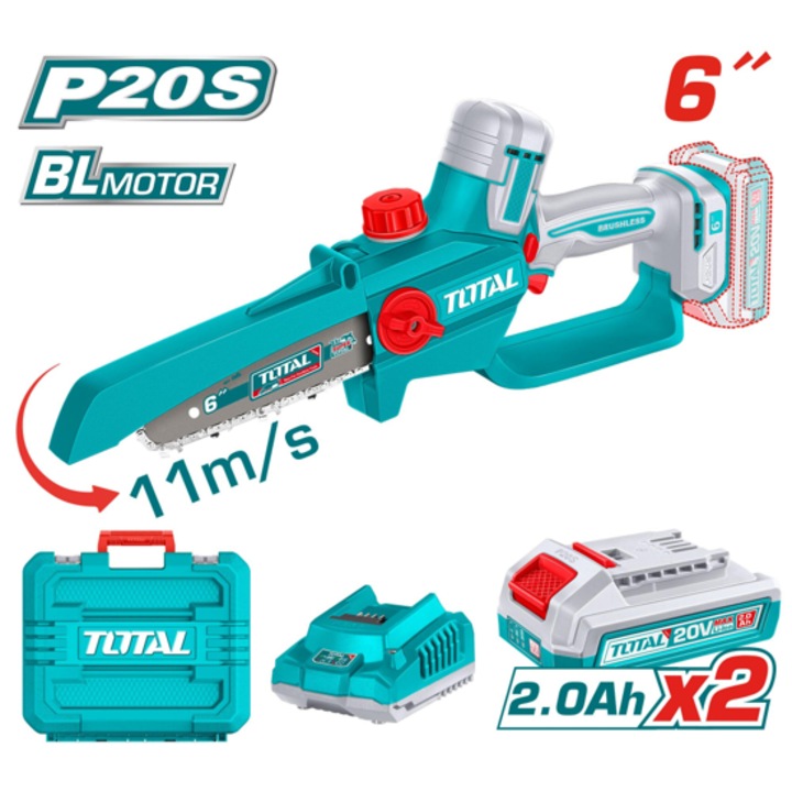 TOTAL INDUSTRIAL mini fierastrau cu lant fara fir, 15 cm, 20 V, 2 x 2 Ah