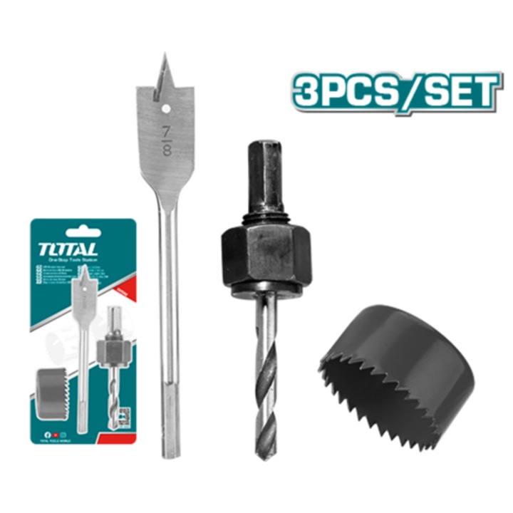 Set de burghiu carotier, suport si burghiu plat pentru lemn TOTAL