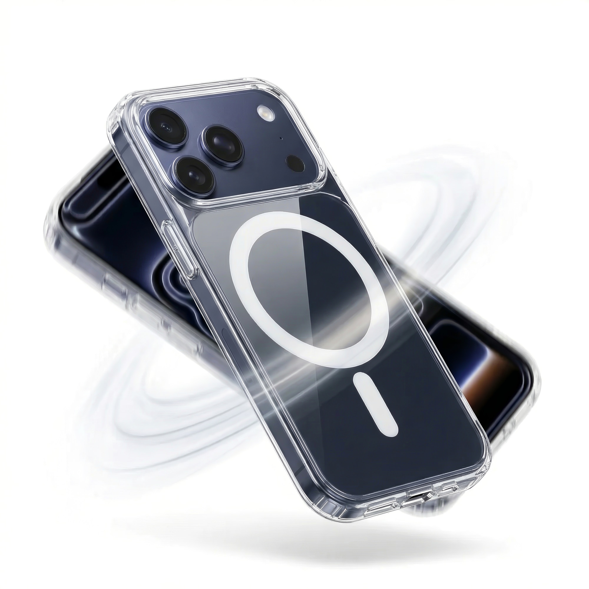Husa compatibil cu iPhone 17 Pro Max Clear Daden Fusion MagCover, Compatibila MagSafe, Protectie Camera, Antisoc, Transparent cu spate albastru