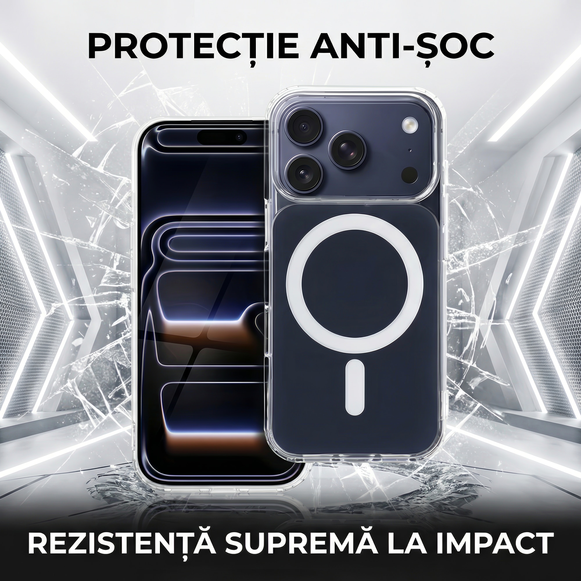 Husa compatibil cu iPhone 17 Pro Max Clear Daden Fusion MagCover, Compatibila MagSafe, Protectie Camera, Antisoc, Transparent cu spate albastru