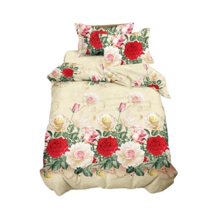 Ágynemű, 3D, 4 részes, gumis nélküli, 1 személyes 155x200 cm, szerény rózsa mintás