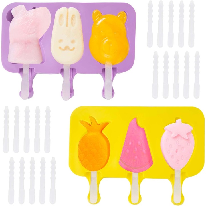 Set de 2 forme din silicon pentru înghețată, MUNSKT, reutilizabile, capac anti-scurgere, design stivuibil