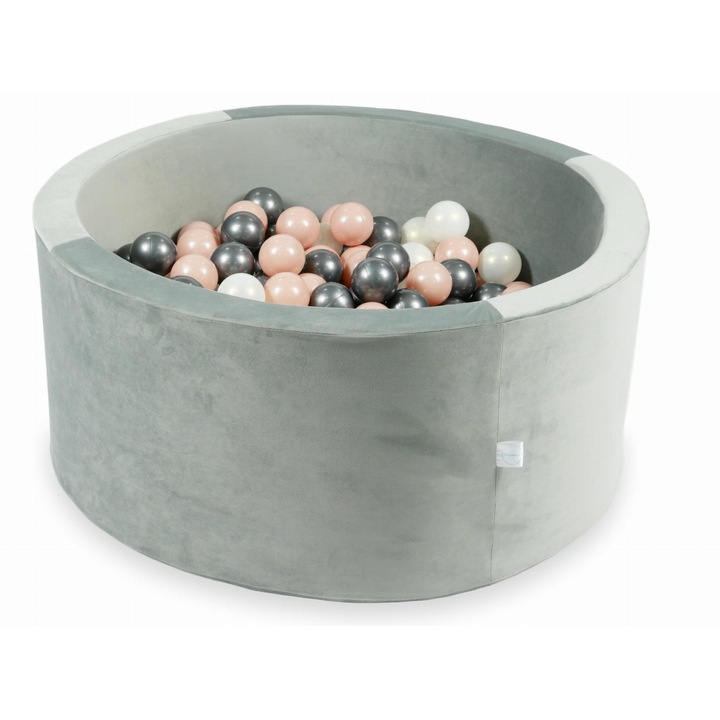 Labdamedence 300 db golyóval, mimi, szürke bársony, 90x40cm, rózsaszín-arany, grafit metál, opaleszcens golyók