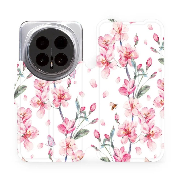 Калъф флип Mobiwear за телефон Honor Magic 8 Pro 5G, розови цветя, стойка, магнитно закопчаване