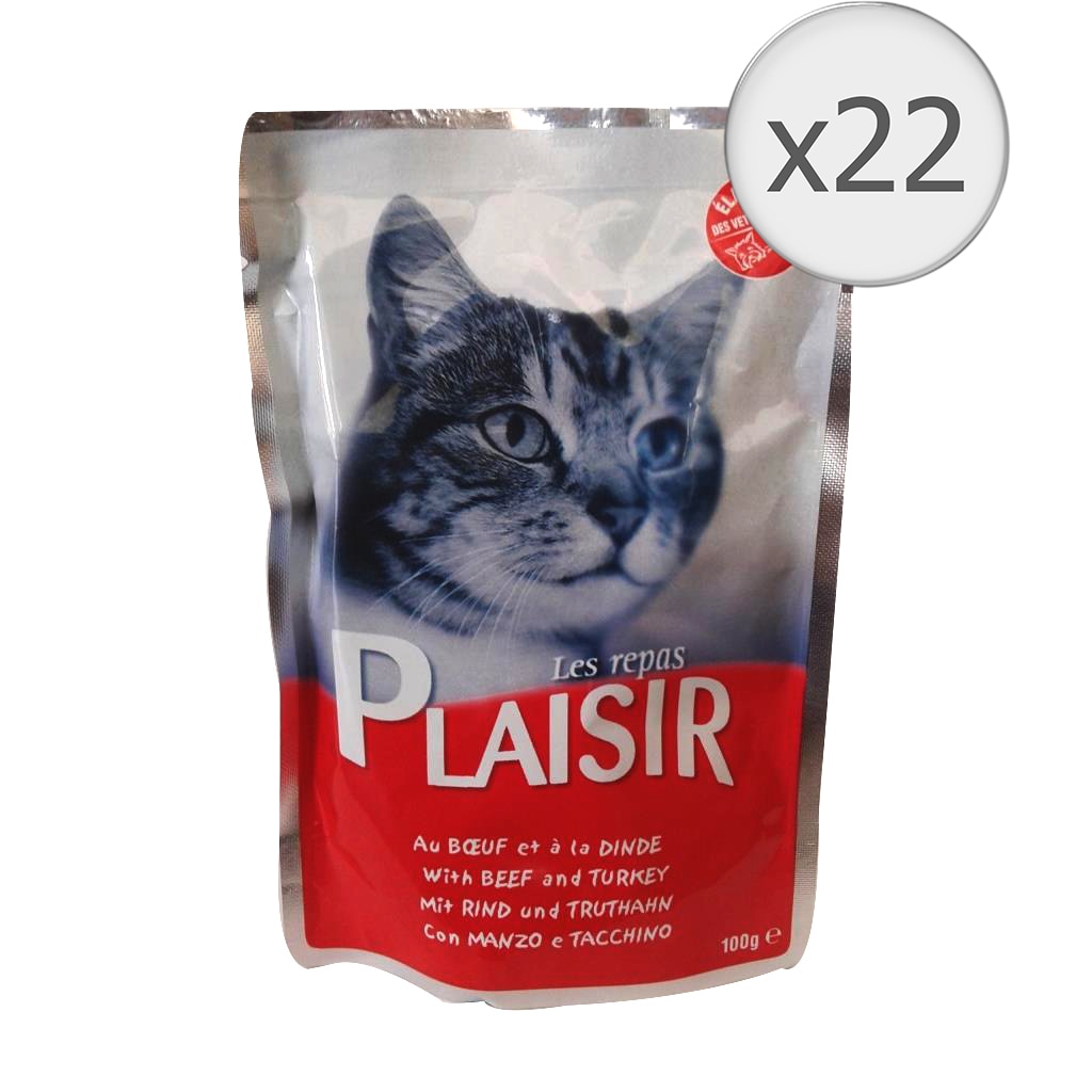 Hrana umeda pentru pisici Plaisir, Vita si Curcan, 22 x 100 g