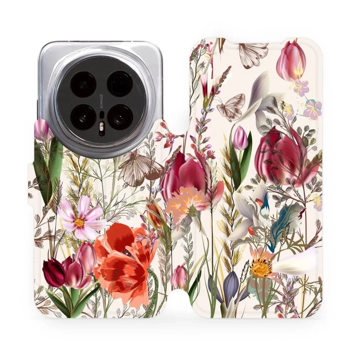 Калъф флип Mobiwear за телефон Honor Magic 8 Pro 5G, дизайн цветя, многоцветен, материал екологична кожа