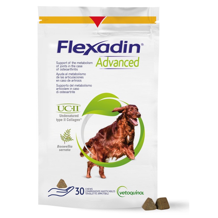 Supliment nutritiv pentru caini, Vetoquinol Flexadin Advanced, 30 bucati, colagen tip II, omega-3, pentru sanatatea articulatiilor