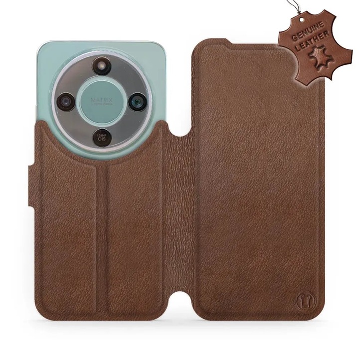 Естествен кожен флип калъф за телефон Honor Magic 8 Lite 5G, кафяв цвят, със стойка и магнитно закопчаване, комплект