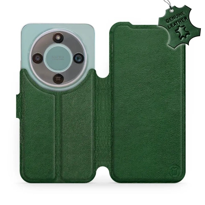 Естествен кожен калъф тип портфейл за телефон Honor Magic 8 Lite 5G, зелен, със стойка и магнитно закопчаване