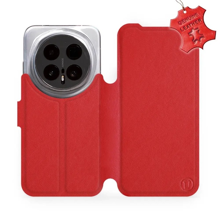 Естествен кожен калъф за телефон Honor Magic 8 Pro 5G, червен, със стойка и магнитно закопчаване