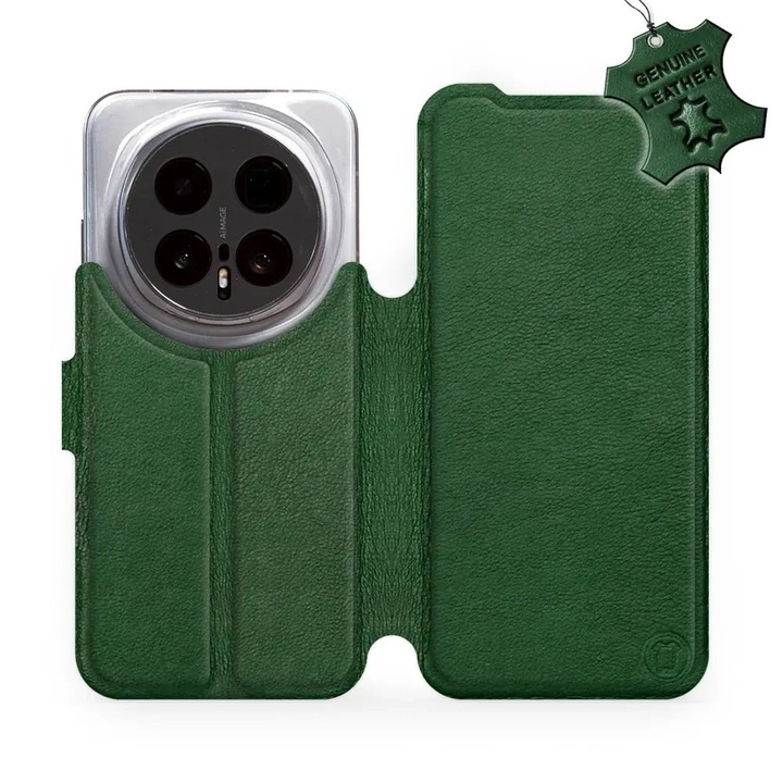 Husa flip din piele naturala pentru telefon Honor Magic 8 Pro 5G, verde, cu suport si inchidere magnetica