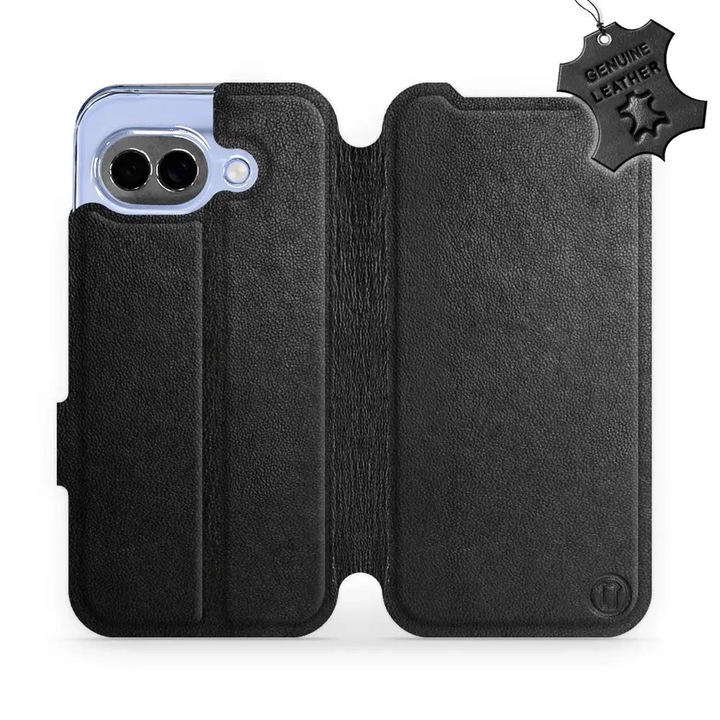 Husa flip din piele naturala pentru Google Pixel 10a, Mobiwear, neagra, cu suport si inchidere magnetica