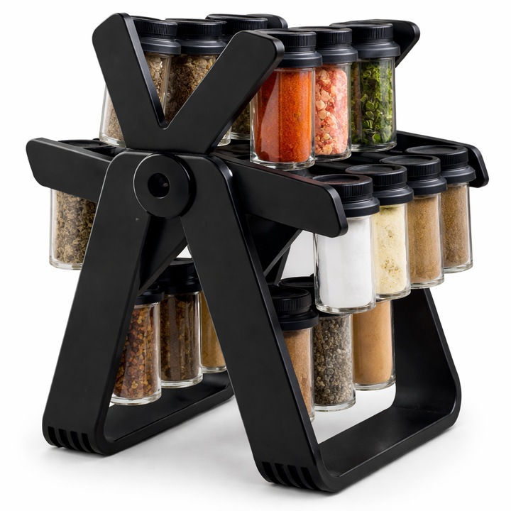 Suport rotativ condimente tip carusel, 16 borcane din sticla, negru