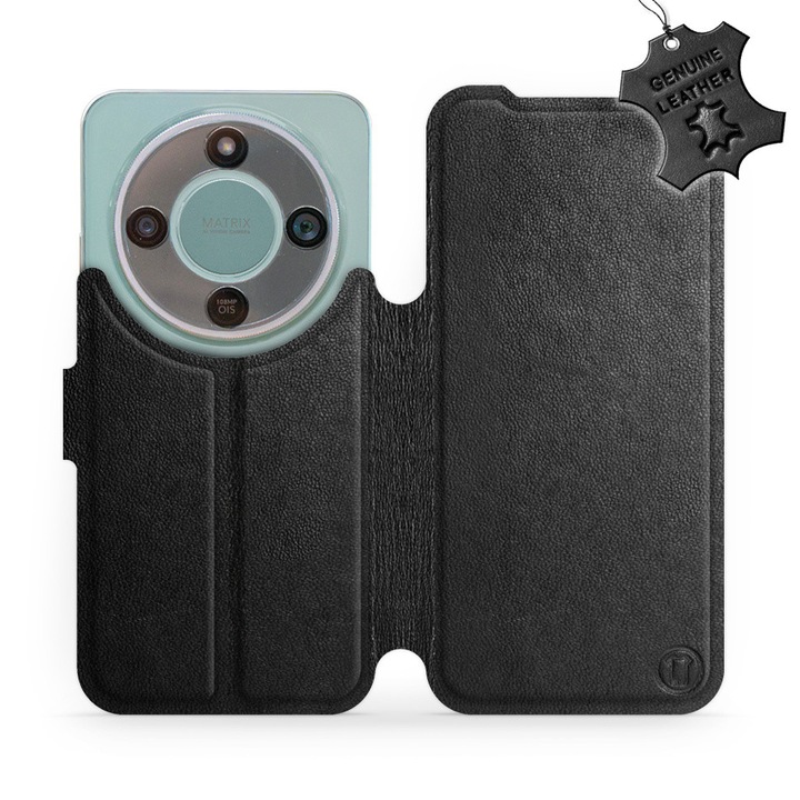 Естествен кожен флип калъф за телефон Honor Magic 8 Lite 5G, черен, със стойка и магнитно закопчаване