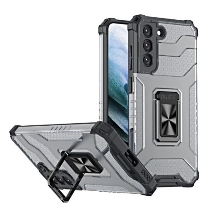 Husa telefon 4kom.pl Crystal Ring Case, TPU + PC, neagra, pentru Samsung Galaxy S22+ (set)