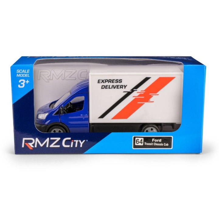 RMZ Ford Transit ChasCab 2018, kék, 19802, 1:64, fémből készült mozgó ajtókkal