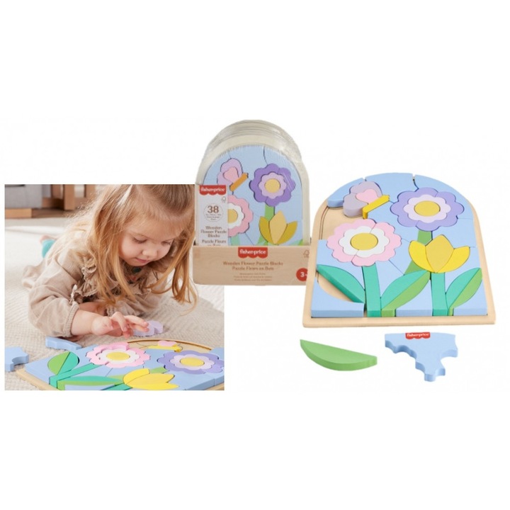 Fisher-Price fa puzzle, virágok, 37 darab, FSC minősítésű, 3 éves kortól