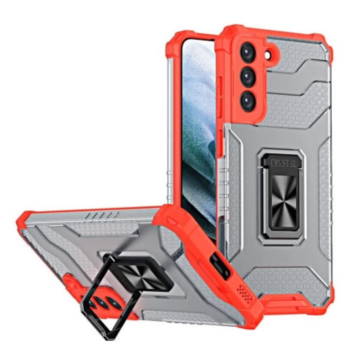 Husa telefon 4kom.pl Crystal Ring Case, TPU + PC, rosie, pentru Samsung Galaxy S22+ (S22 Plus)