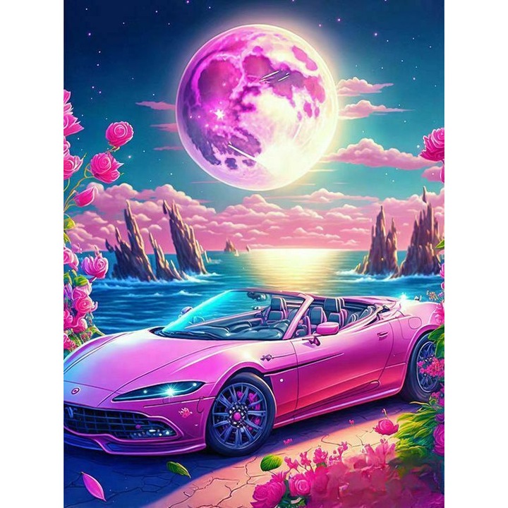 Комплект картина по номера, Кола и луна, 40x50см, 7+