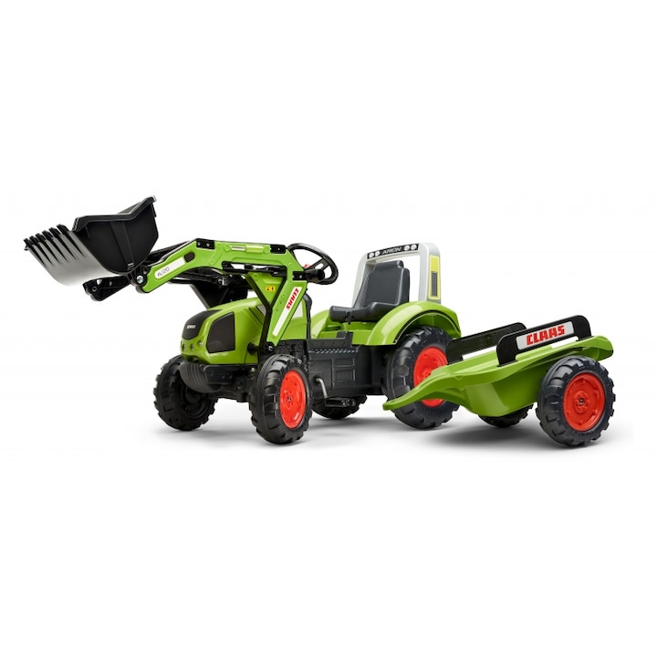 Tractor pe pedale Claas Arion 430, cu remorca, verde, pentru copii de la 3 ani, 30kg maxim