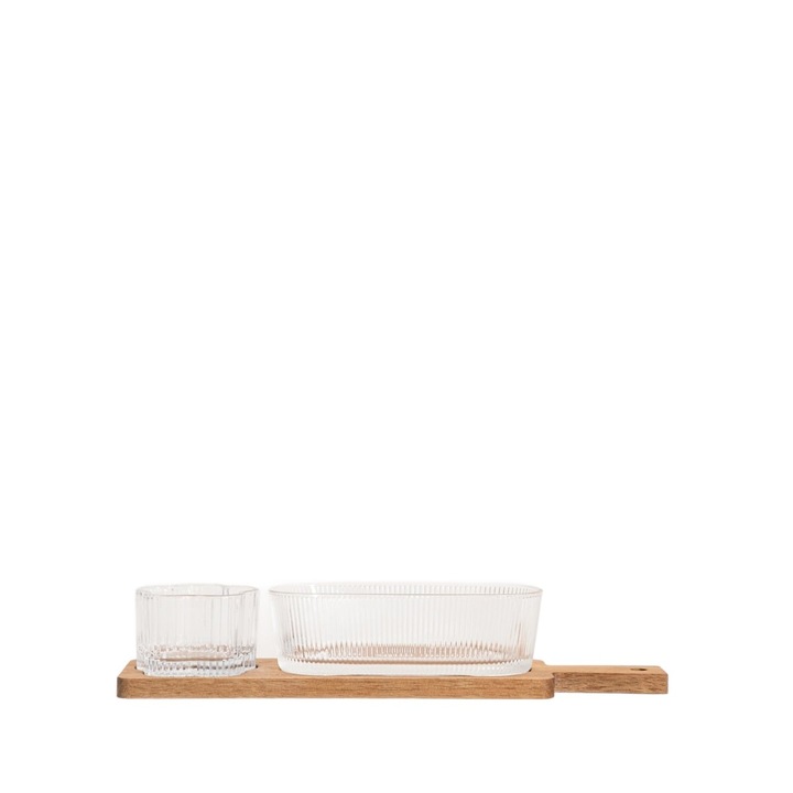 Set de servire GIBARA pe baza de salcam cu boluri de sticla, 33x8,5x6,5cm 3 buc. HOMLA