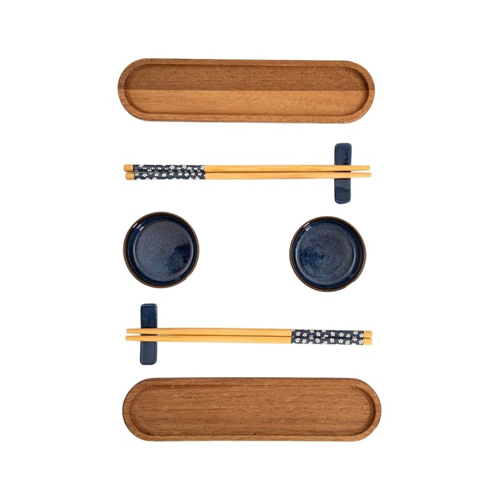 Set AKITA pentru sushi cu boluri bleumarin si farfurii din lemn de salcam 8 piese HOMLA