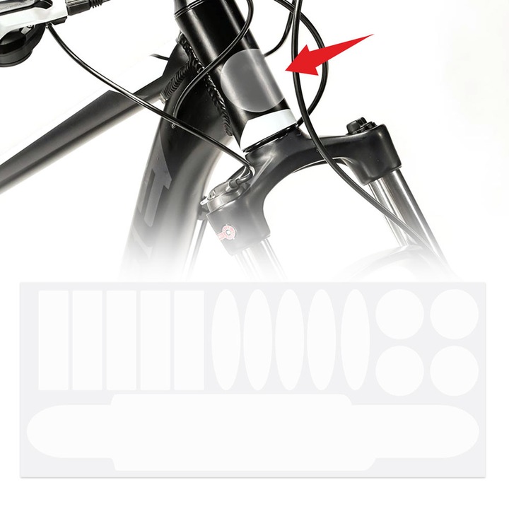 Set adeziv de protecție pentru cadru de bicicletă, Quattroerre, transparent, 9x23cm, grosime 0, 3mm, 14 forme diverse, protector pentru lanț