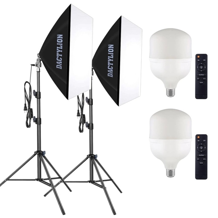 Kit iluminare profesional studio foto video cu 2 softboxuri 70x50 cm, 2 becuri LED 150W 2700K-7500K reglaj temperatura culoare, telecomanda control lumina, stative reglabile 200 cm – echipament complet fotografie studio, filmare, livestream, productie