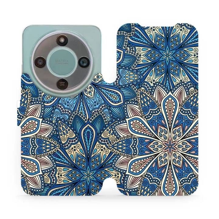 Husa flip Mobiwear pentru telefon Honor Magic 8 Lite 5G, flori albastre, suport, inchidere magnetica