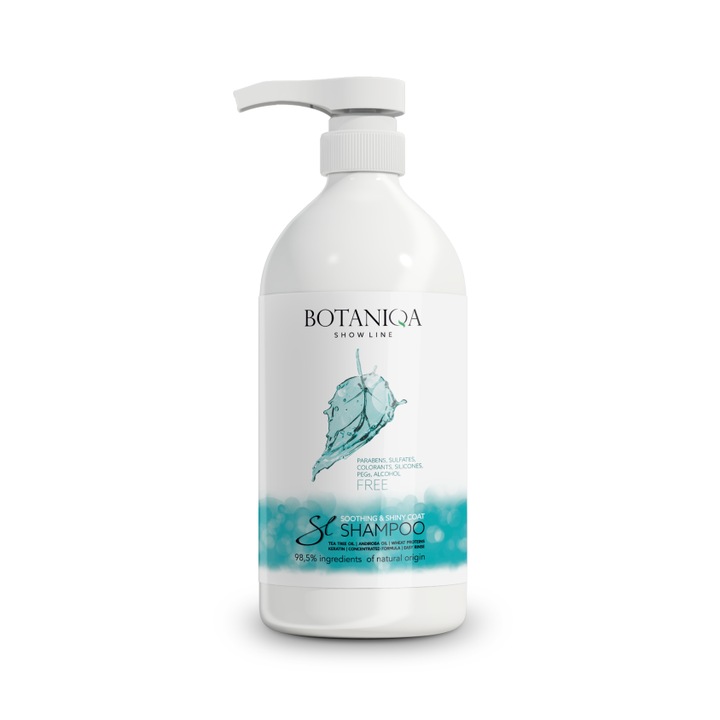 Sampon pentru caini Botaniqa, Soothing & Shiny Coat, 1l, pentru piele sensibila, cu ulei de arbore de ceai, fara parabeni