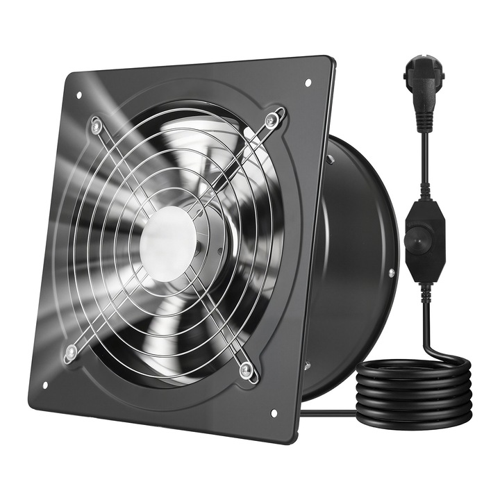 Ventilator de evacuare, Extractor de aer de perete, Diametru 25, 4 cm, Debit 1678 m³/h, Control al vitezei, Consum redus, Portabil, Negru