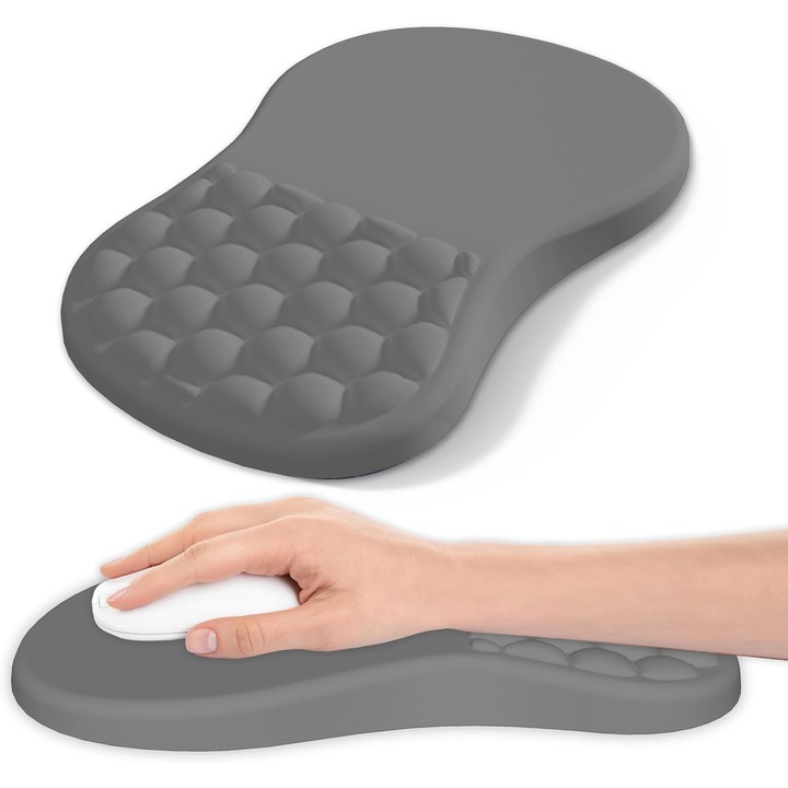 Mouse Pad Ergonomic cu Suport Incheietura, Spuma Memorie, Gri