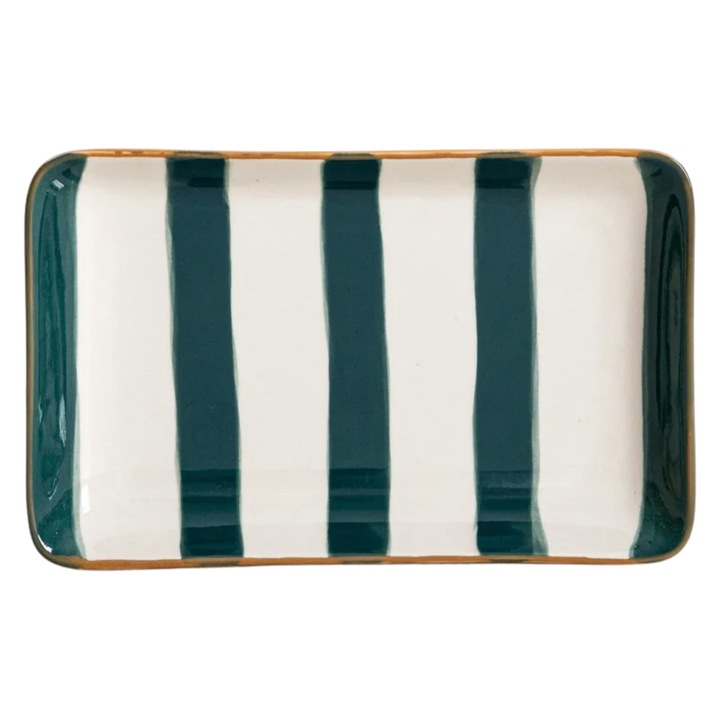 TORRIT tányér, 19x12 cm, zöld csíkos, kerámia, előétel és desszert készlet
