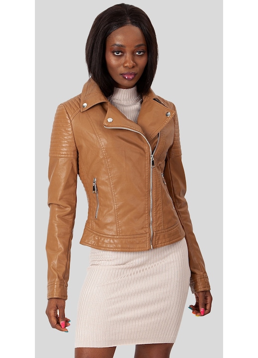 Jacheta dama Perso, piele ecologica, camel, croiala atemporala, buzunare laterale