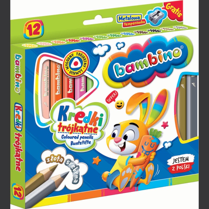 Creioane colorate BAMBINO, set 12 culori, cu tempera, 15cm, multicolor