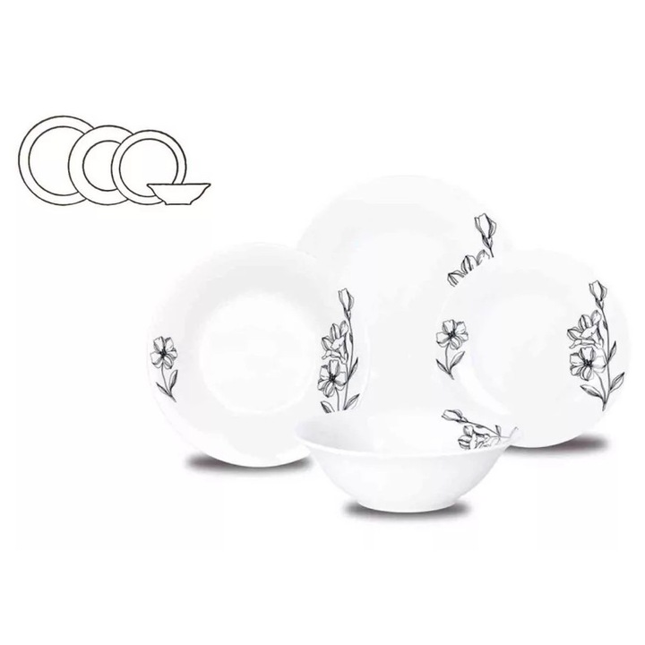 Set portelan alb-negru, 24 de piese, farfurii decorate cu flori HL-2405