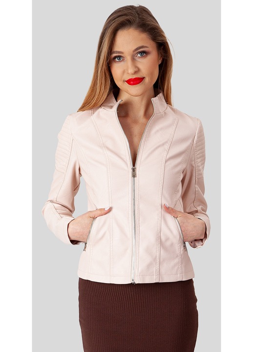 Geaca dama, Perso, piele ecologica, guler ridicat, doua buzunare, roz, XL INTL