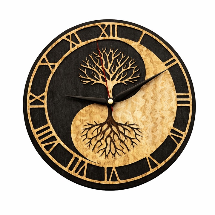 Dekoratív falióra albízia fából, Yin Yang dizájn, 30 cm átmérőjű, csendes mechanizmus