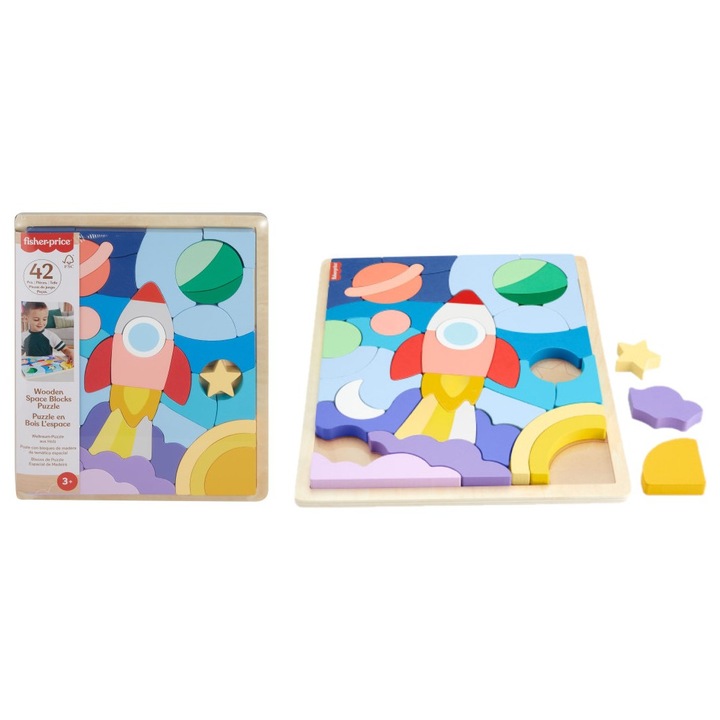 Fisher-Price fa puzzle, 42 darabos készlet, kozmosz téma, 3 éves kortól