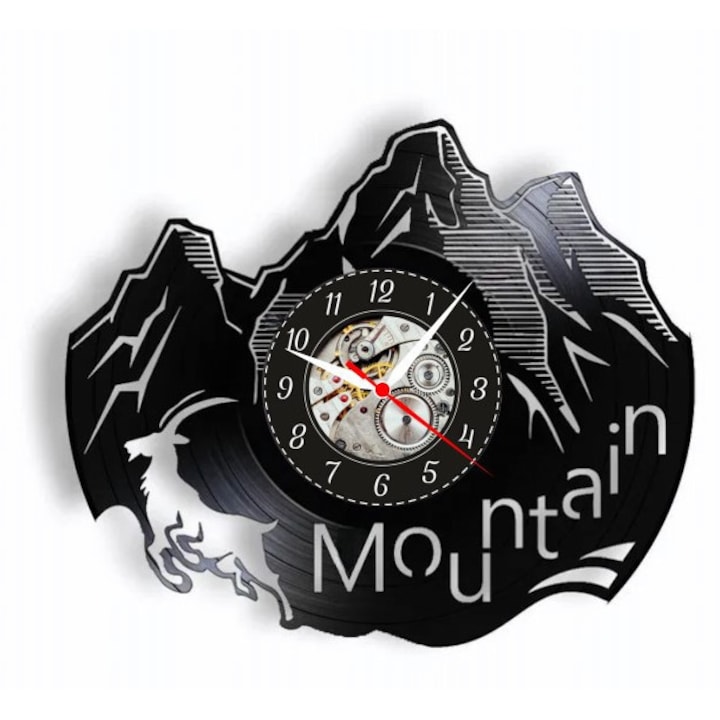 Ceas de perete decorativ, Mountain Spirit, design Nature & Climbing, Negru, disc de vinil, mecanism quartz