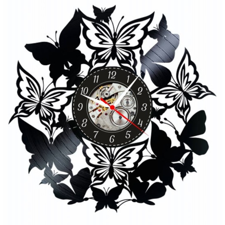 Ceas de perete decorativ, Butterfly Kaleidoscope, negru, realizat din disc de vinil, design artistic, mecanism quartz