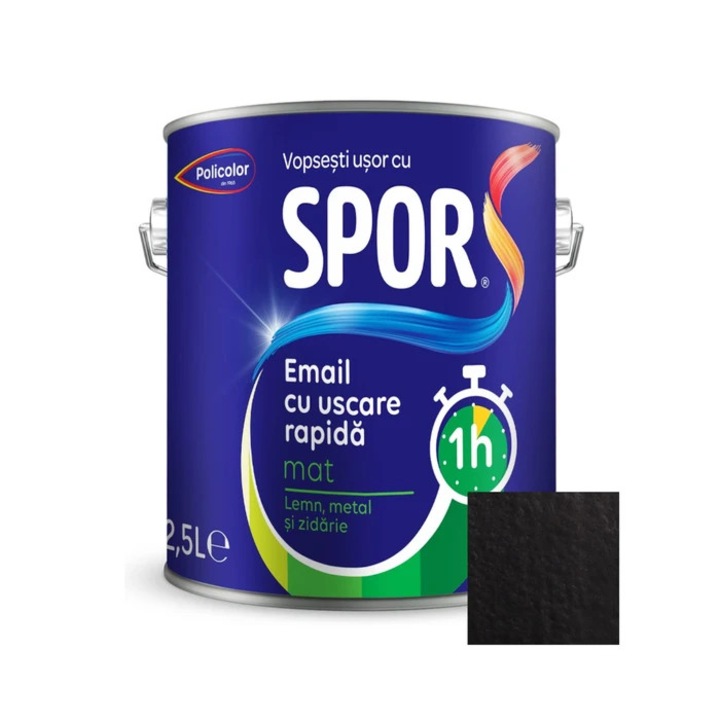 Vopsea alchidica pentru metal, Spor, cu uscare, rapida, mat, interior / exterior, negru, 2.5 L