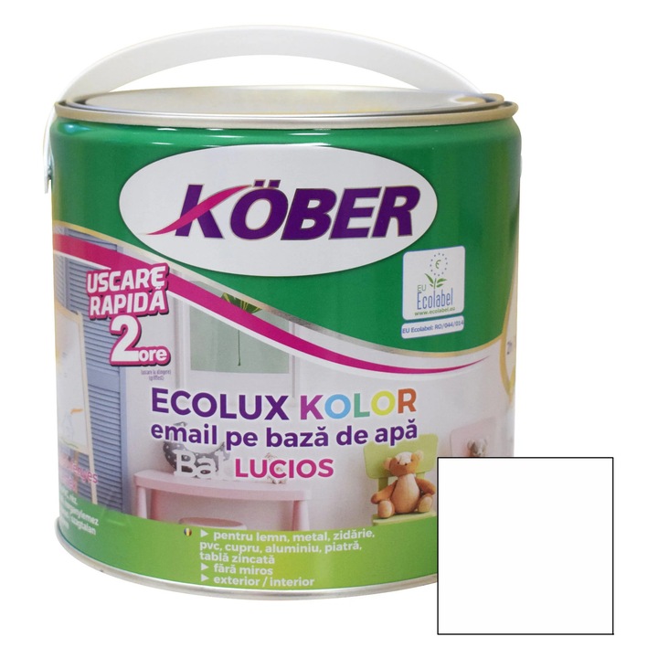 Vízbázisú fa- és fémfesték, Kober Ecolux Kolor, beltéri / kültéri, fényes, fehér, 2,5 L