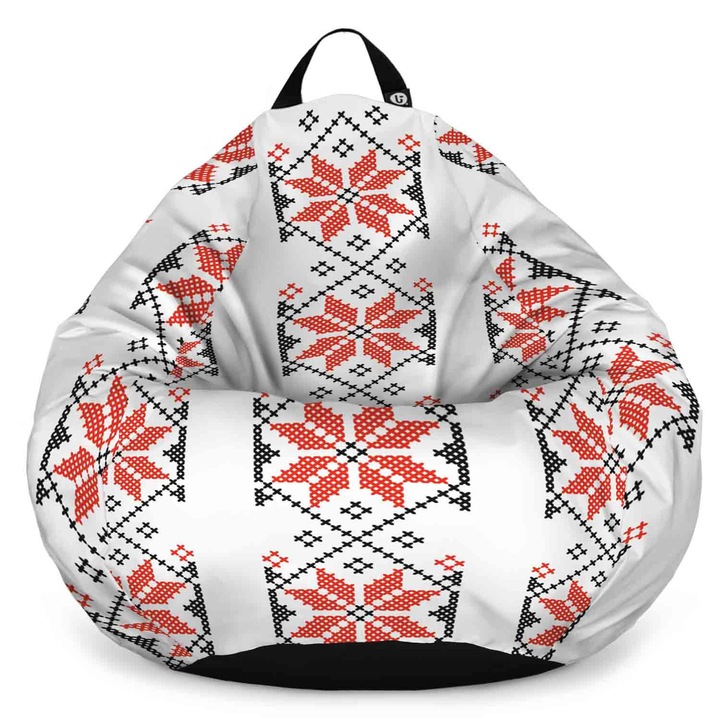 Fotoliu Updeco Puf Bean Bag tip para XL, impermeabil, indoor/outdoor, sac interior, cu maner, 90 x 90 x 60 cm, Martisor Model Traditional Alb